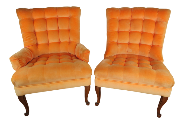 edgebrookhouse - 1970s Vintage Orange Velvet Pillow Tufted His and Hers Lounge Chairs - a Pair
