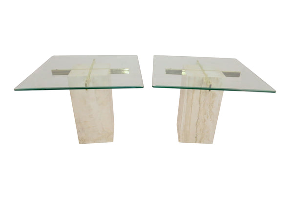 edgebrookhouse - 1970s Artedi Travertine, Brass, and Glass Side / Lamp Tables - a Pair