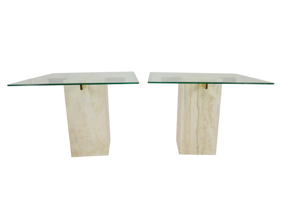 edgebrookhouse - 1970s Artedi Travertine, Brass, and Glass Side / Lamp Tables - a Pair