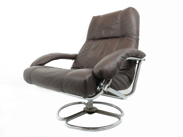 edgebrookhouse - 1970s Danish Kebe Brown Leather Reclining and Swivel Lounge Chair and Footstool - 2 Pieces