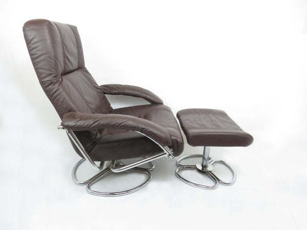 edgebrookhouse - 1970s Danish Kebe Brown Leather Reclining and Swivel Lounge Chair and Footstool - 2 Pieces