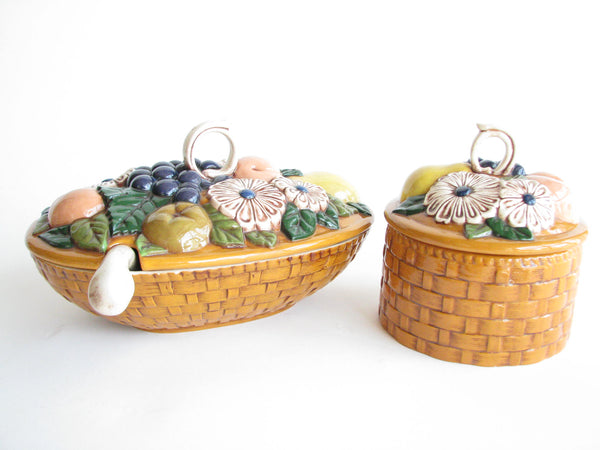 edgebrookhouse - 1970s Handmade Ceramic Serving Dishes with Basket and Fruit Design - Set of 2
