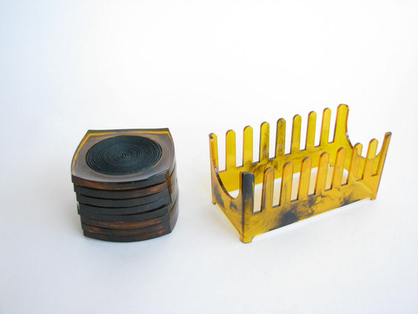edgebrookhouse - 1970s Tortoiseshell Acrylic Coaster Set with Rack - 9 Pieces
