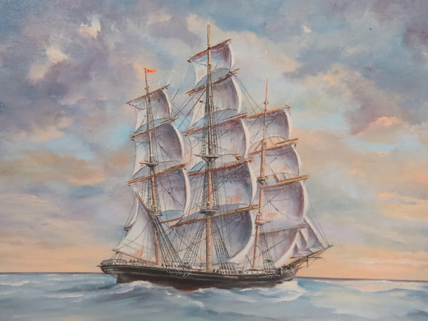 edgebrookhouse - 1972 Werner Neudorff Nautical Oil on Canvas Board of the Famed Clipper Ship "The Lightning"