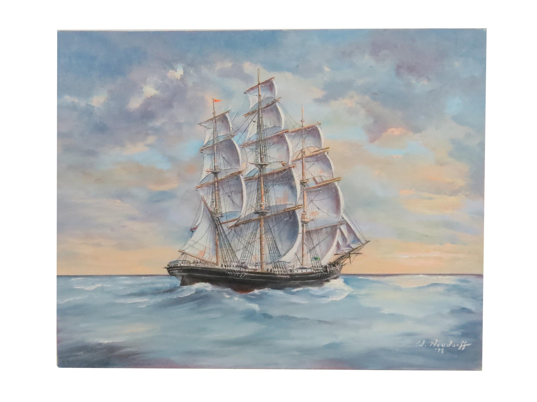 edgebrookhouse - 1972 Werner Neudorff Nautical Oil on Canvas Board of the Famed Clipper Ship "The Lightning"