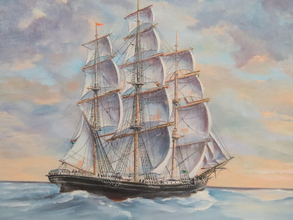 edgebrookhouse - 1972 Werner Neudorff Nautical Oil on Canvas Board of the Famed Clipper Ship "The Lightning"