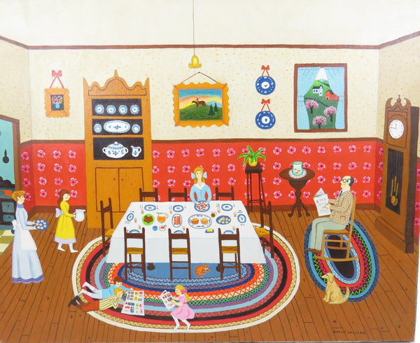 edgebrookhouse - 1980s Darine Jellerson Folk Art Oil on Canvas "Sunday Breakfast"