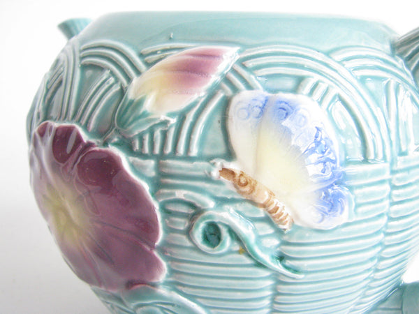 edgebrookhouse - 1980s Haldon Group Majolica Ceramic Turquoise Teapot with Flowers and Butterflies