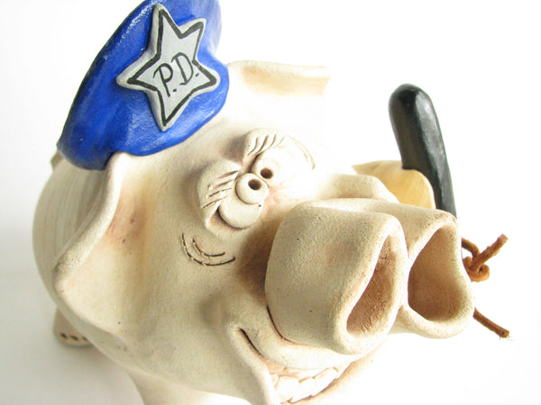 edgebrookhouse - 1980s Police Pig Pottery Piggy Bank with Police Cap and Billy Club