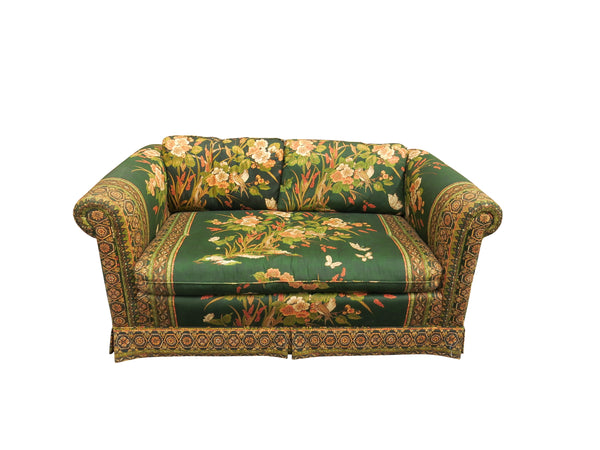edgebrookhouse - 1980s Drexel Loveseat With Bright Emerald Green and Gold Fabric, Floral and Bird Motif