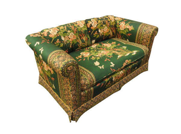 edgebrookhouse - 1980s Drexel Loveseat With Bright Emerald Green and Gold Fabric, Floral and Bird Motif