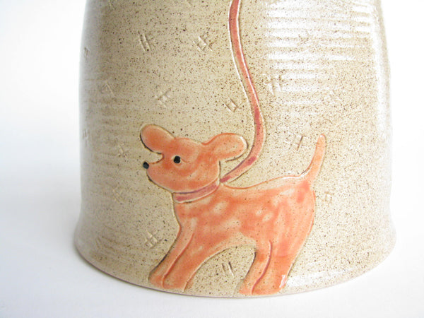 edgebrookhouse - 1990s Shafford Folk Art Pottery Woman with Dog Lidded Jar / Canister