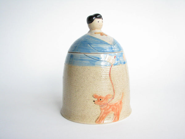 edgebrookhouse - 1990s Shafford Folk Art Pottery Woman with Dog Lidded Jar / Canister