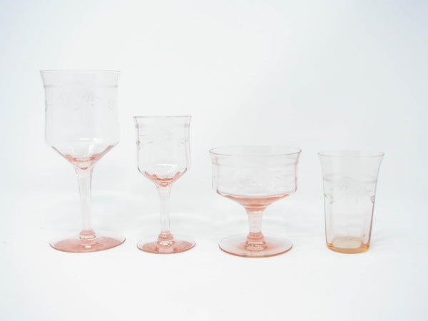 edgebrookhouse - Antique Tiffin Pink Cut Large Crystal Wine or Water Goblets with Floral Design - 7 Pieces