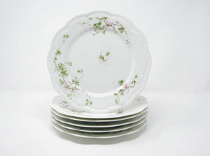 edgebrookhouse - Antique A Lanternier Limoges Porcelain Dinner or Luncheon Plates with Green Leaves and Pink Bow Design - Set of 6