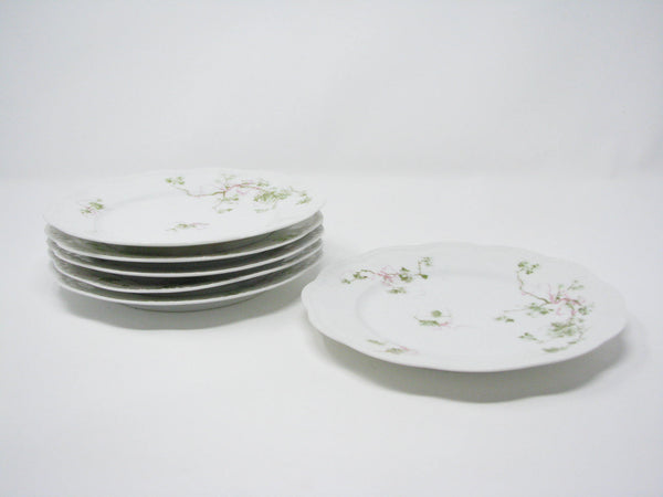 edgebrookhouse - Antique A Lanternier Limoges Porcelain Salad Plates with Green Leaves and Pink Bow Design - Set of 6