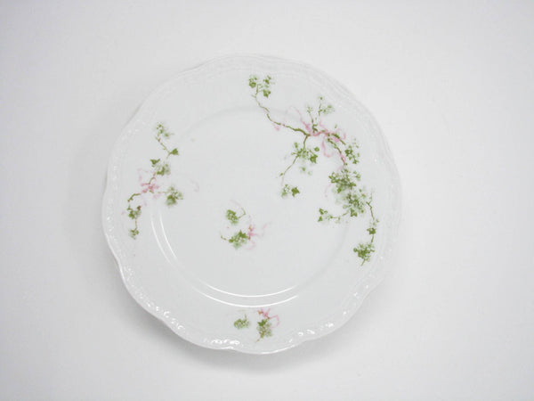 edgebrookhouse - Antique A Lanternier Limoges Porcelain Salad Plates with Green Leaves and Pink Bow Design - Set of 6