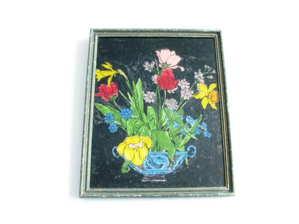 edgebrookhouse - Antique Americana Folk Art Tinsel Painting - Tropical Birds, and Still Life / Floral Bouquet - Set of 2