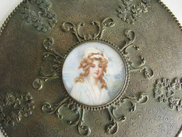 edgebrookhouse - Antique Embossed Gilt Metal Lid with Enamel Painting of Woman