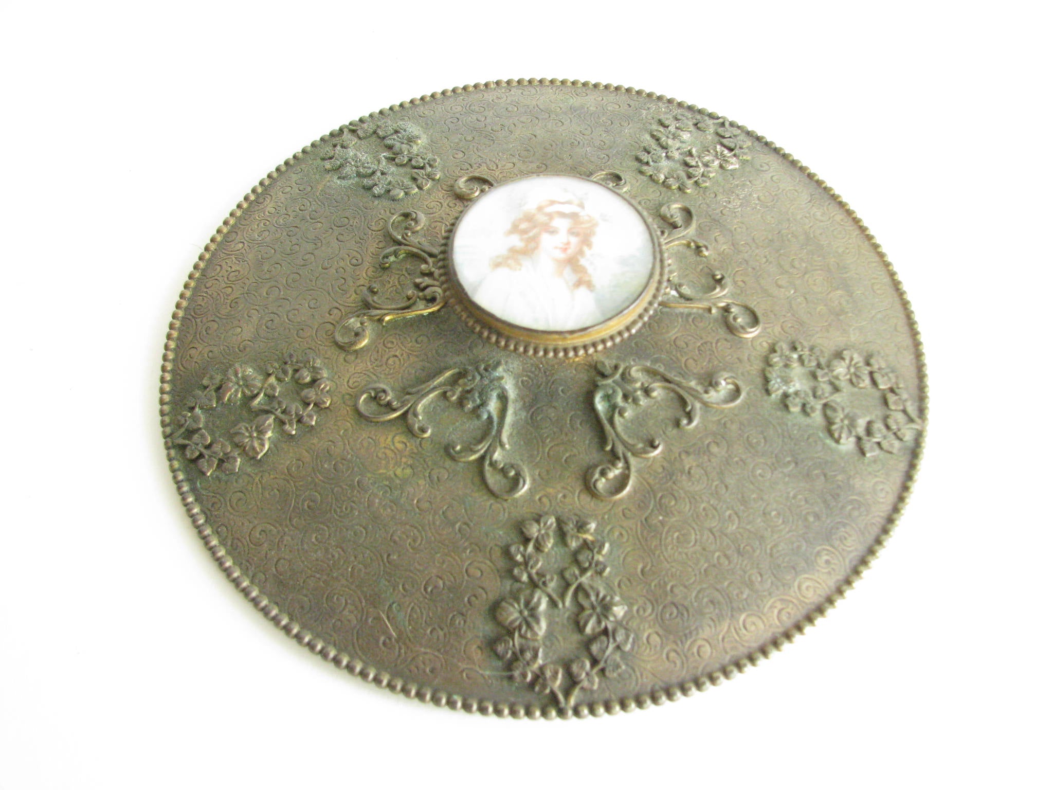 edgebrookhouse - Antique Embossed Gilt Metal Lid with Enamel Painting of Woman