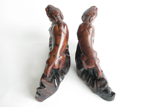 edgebrookhouse - Antique Hand-carved Rosewood Tigers with Glass Eyes and Ivory Teeth - a Pair