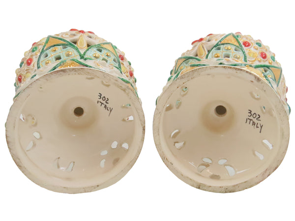 edgebrookhouse - Antique Italian Polychrome and Gilt Embossed Reticulated Majolica Jewel Urns - a Pair