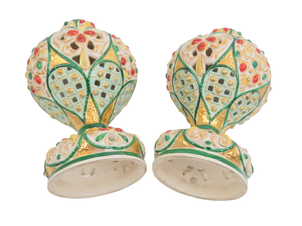 edgebrookhouse - Antique Italian Polychrome and Gilt Embossed Reticulated Majolica Jewel Urns - a Pair