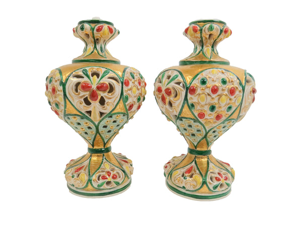 edgebrookhouse - Antique Italian Polychrome and Gilt Embossed Reticulated Majolica Jewel Urns - a Pair