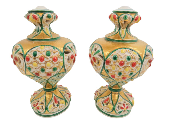edgebrookhouse - Antique Italian Polychrome and Gilt Embossed Reticulated Majolica Jewel Urns - a Pair