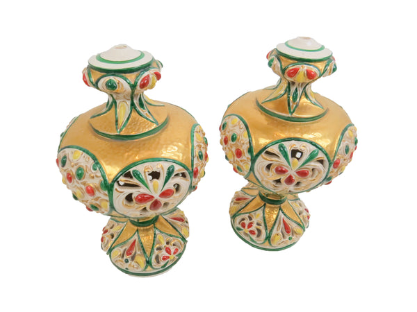 edgebrookhouse - Antique Italian Polychrome and Gilt Embossed Reticulated Majolica Jewel Urns - a Pair