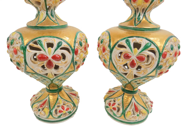 edgebrookhouse - Antique Italian Polychrome and Gilt Embossed Reticulated Majolica Jewel Urns - a Pair