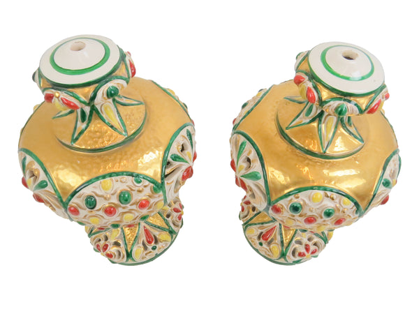 edgebrookhouse - Antique Italian Polychrome and Gilt Embossed Reticulated Majolica Jewel Urns - a Pair