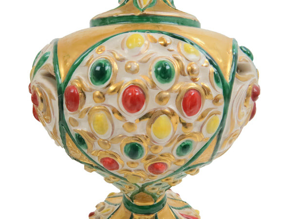 edgebrookhouse - Antique Italian Polychrome and Gilt Embossed Reticulated Majolica Jewel Urns - a Pair