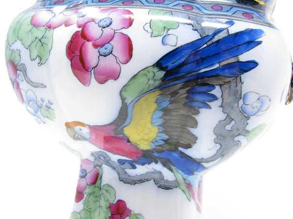 edgebrookhouse - Antique Losol Ware by Keeling & Co Porcelain Pedestal Jardiniere or Canister with Floral Parrot Macaw Design Burslem England