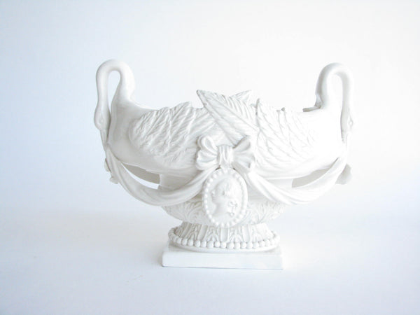 edgebrookhouse - Antique Neoclassical Blanc de Chine Ceramic Footed Planter with Swans and Cameo