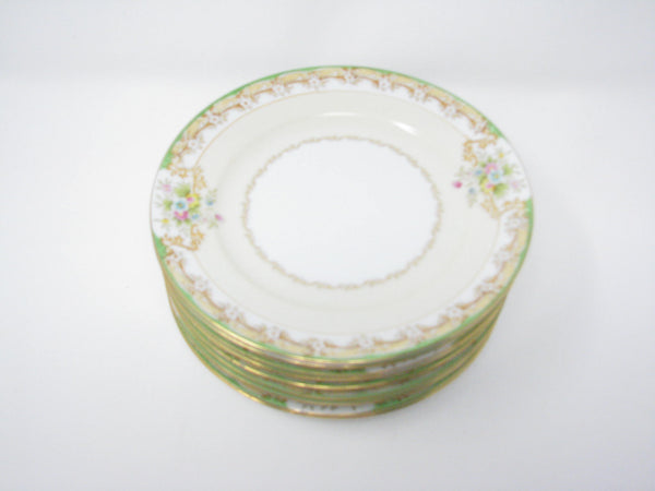edgebrookhouse - Antique Noritake Hand-Painted Bread or Dessert Plates with Green, Gold and Floral Rim - Set of 9