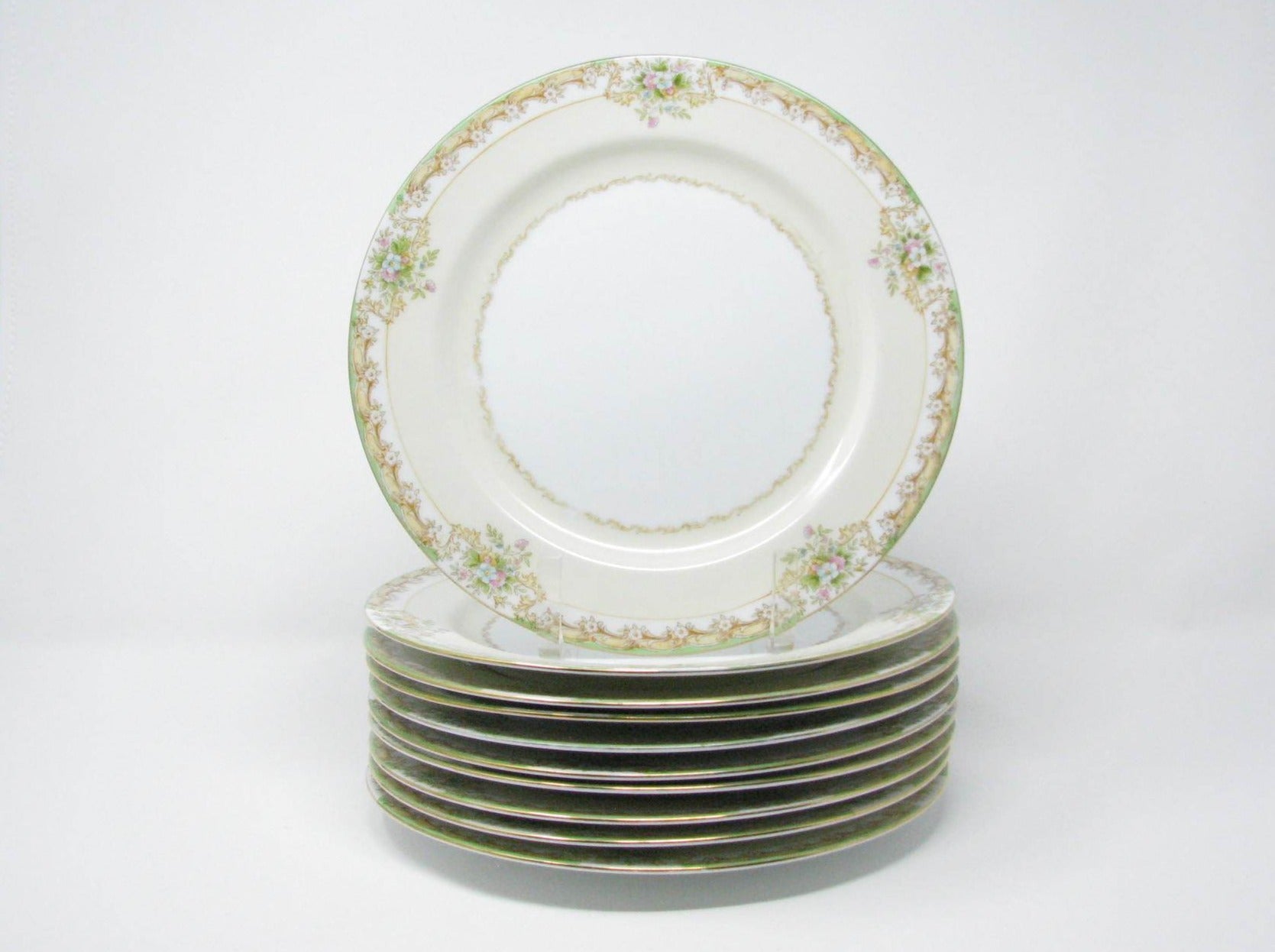 Antique Noritake Hand-Painted Dinner Plates with Green, Gold and