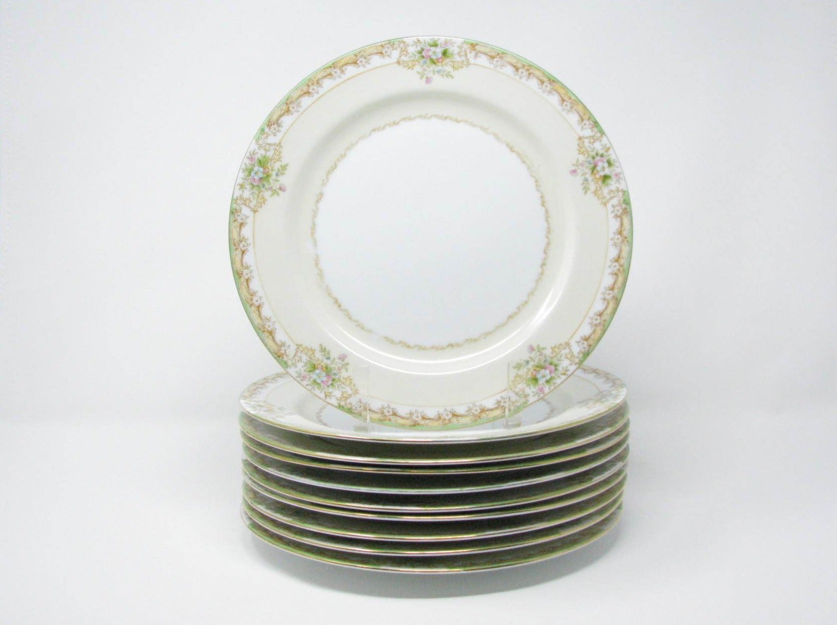 edgebrookhouse - Antique Noritake Hand-Painted Dinner Plates with Green, Gold and Floral Rim - Set of 10