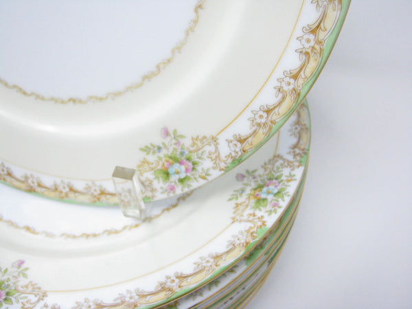 edgebrookhouse - Antique Noritake Hand-Painted Dinner Plates with Green, Gold and Floral Rim - Set of 10