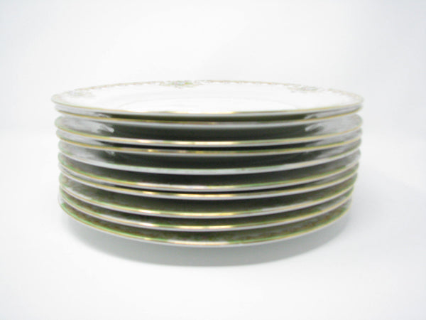 edgebrookhouse - Antique Noritake Hand-Painted Dinner Plates with Green, Gold and Floral Rim - Set of 10