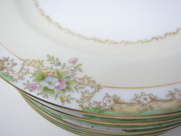 edgebrookhouse - Antique Noritake Hand-Painted Dinner Plates with Green, Gold and Floral Rim - Set of 10