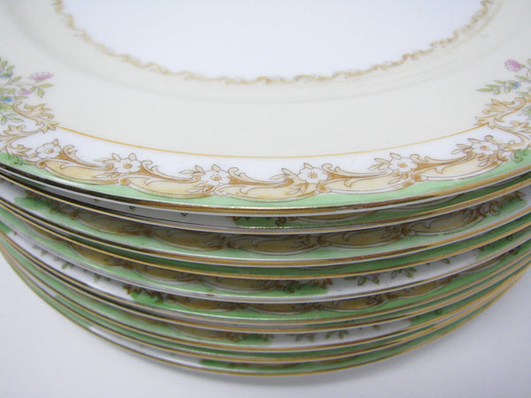 edgebrookhouse - Antique Noritake Hand-Painted Dinner Plates with Green, Gold and Floral Rim - Set of 10