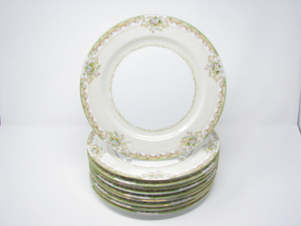 Antique Noritake Hand-Painted Dinner Plates with Green, Gold and