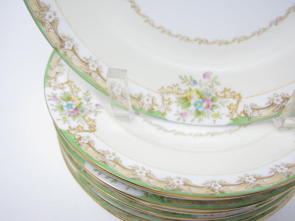 edgebrookhouse - Antique Noritake Hand-Painted Salad Plates with Green, Gold and Floral Rim - Set of 9