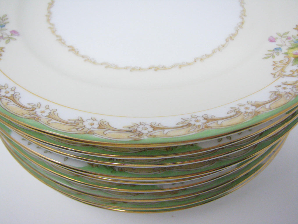 Antique Noritake Hand-Painted Salad Plates with Green, Gold and 