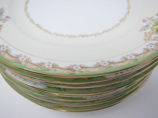 edgebrookhouse - Antique Noritake Hand-Painted Salad Plates with Green, Gold and Floral Rim - Set of 9