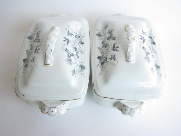 edgebrookhouse - Antique PH Leonard Porcelain Lidded Vegetable Serving Dishes with Birds and Foliage Motif - A Pair