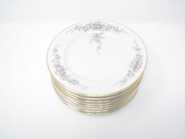 edgebrookhouse - Antique Paul Muller Porcelain Bread or Dessert Plates with Pink Flowers, Tan Scrolls and Gold Trim - Set of 8