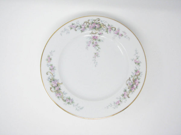 edgebrookhouse - Antique Paul Muller Porcelain Bread or Dessert Plates with Pink Flowers, Tan Scrolls and Gold Trim - Set of 8