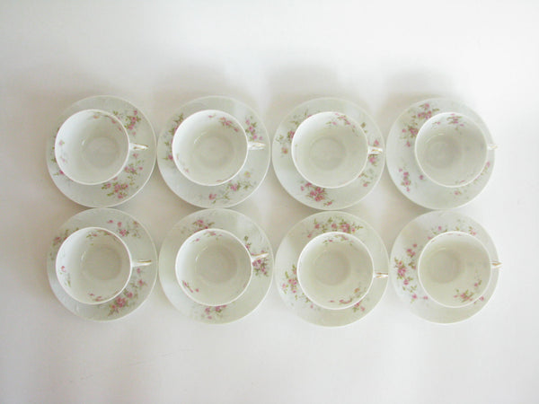 edgebrookhouse - Antique Theodore Haviland Limoges Porcelain Cups & Saucers with Floral Design and Embossed Rim - Set of 8